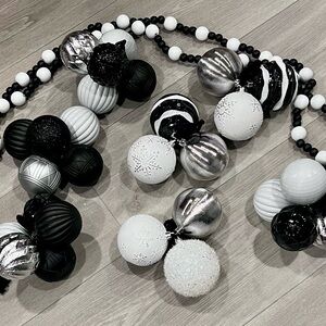 Modern and Elegant Bundle of Black, White, and Silver Tree Ornaments and Garland